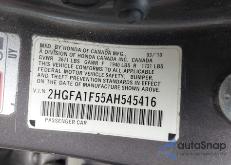 2010 Honda Civic Lx from USA, damaged, VIN 2HGFA1F55AH545416